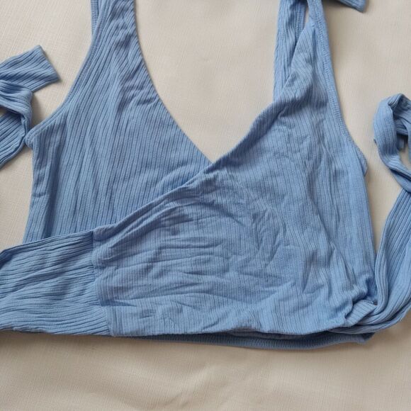 We The Free Blue Ribbed Sleeveless Cropped V-Neck Wrap Style Tie Top Women's XS - Picture 7 of 12